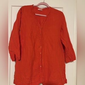 Eileen Fisher‎ Organic Irish Linen Tunic Top Long Sleeve Band Collar Size L
